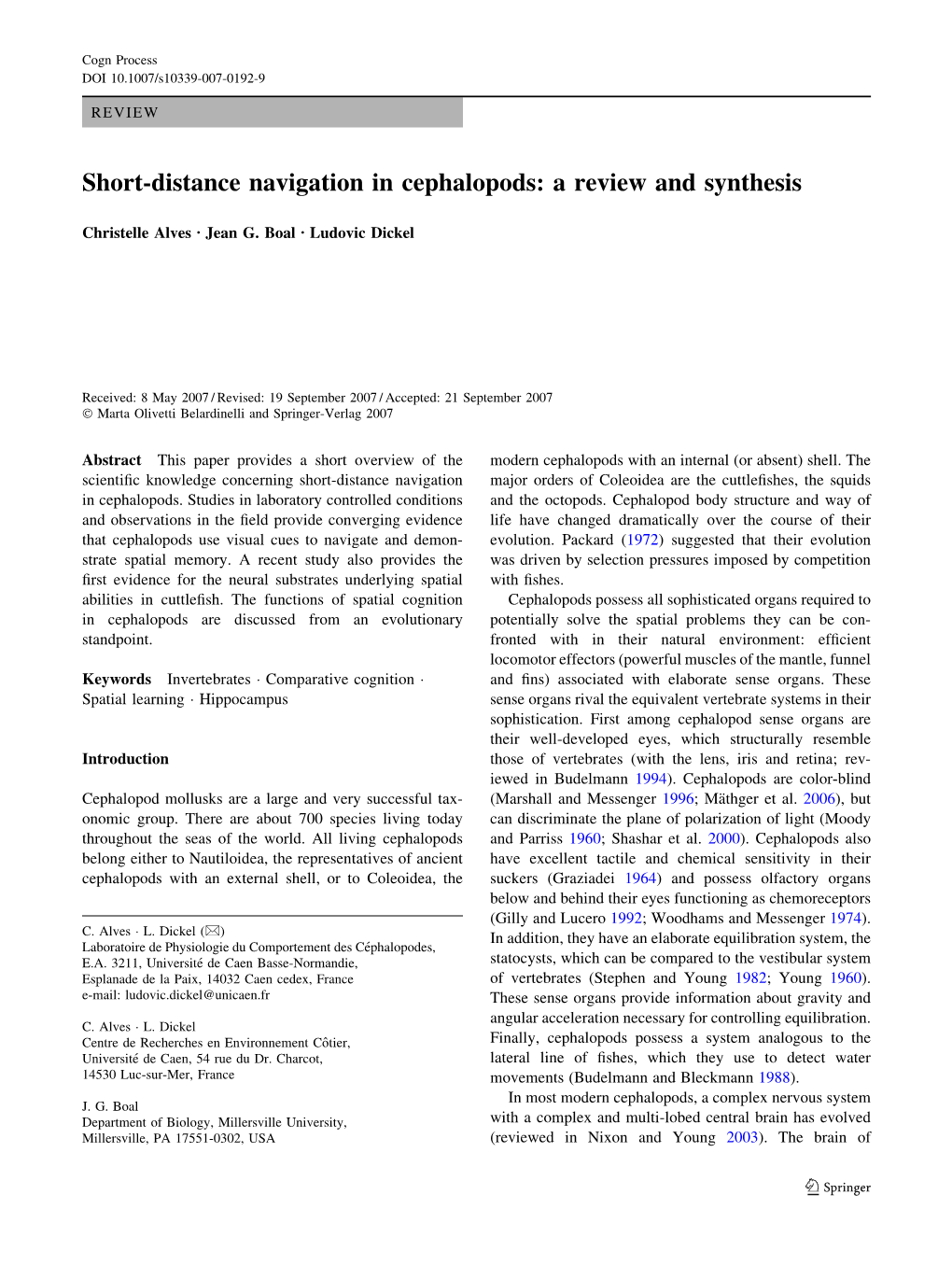 Short-Distance Navigation in Cephalopods: a Review and Synthesis