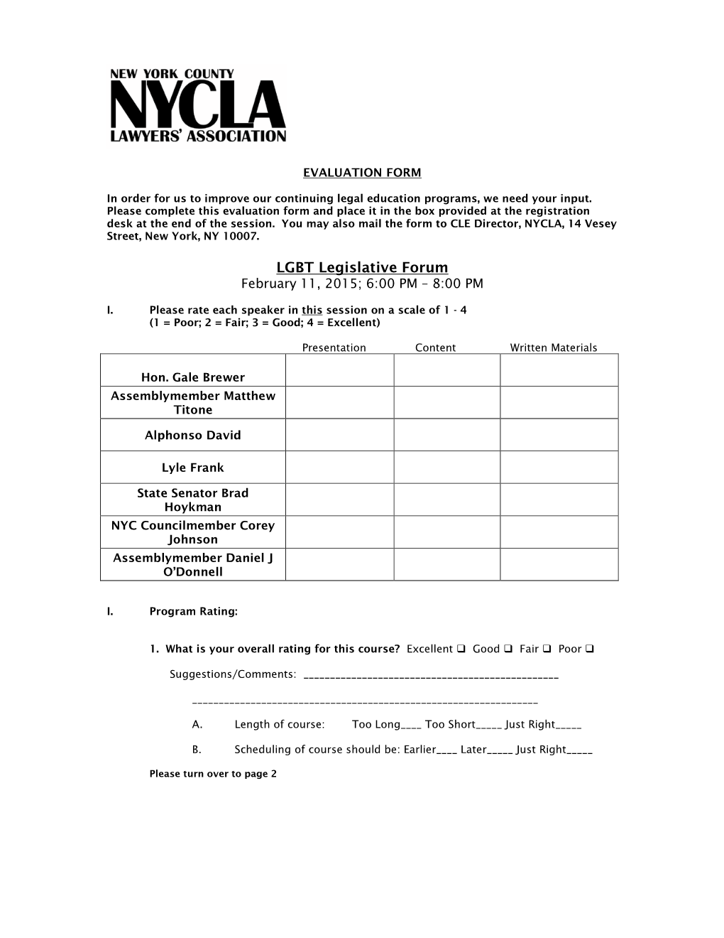 LGBT Legislative Forum February 11, 2015; 6:00 PM – 8:00 PM