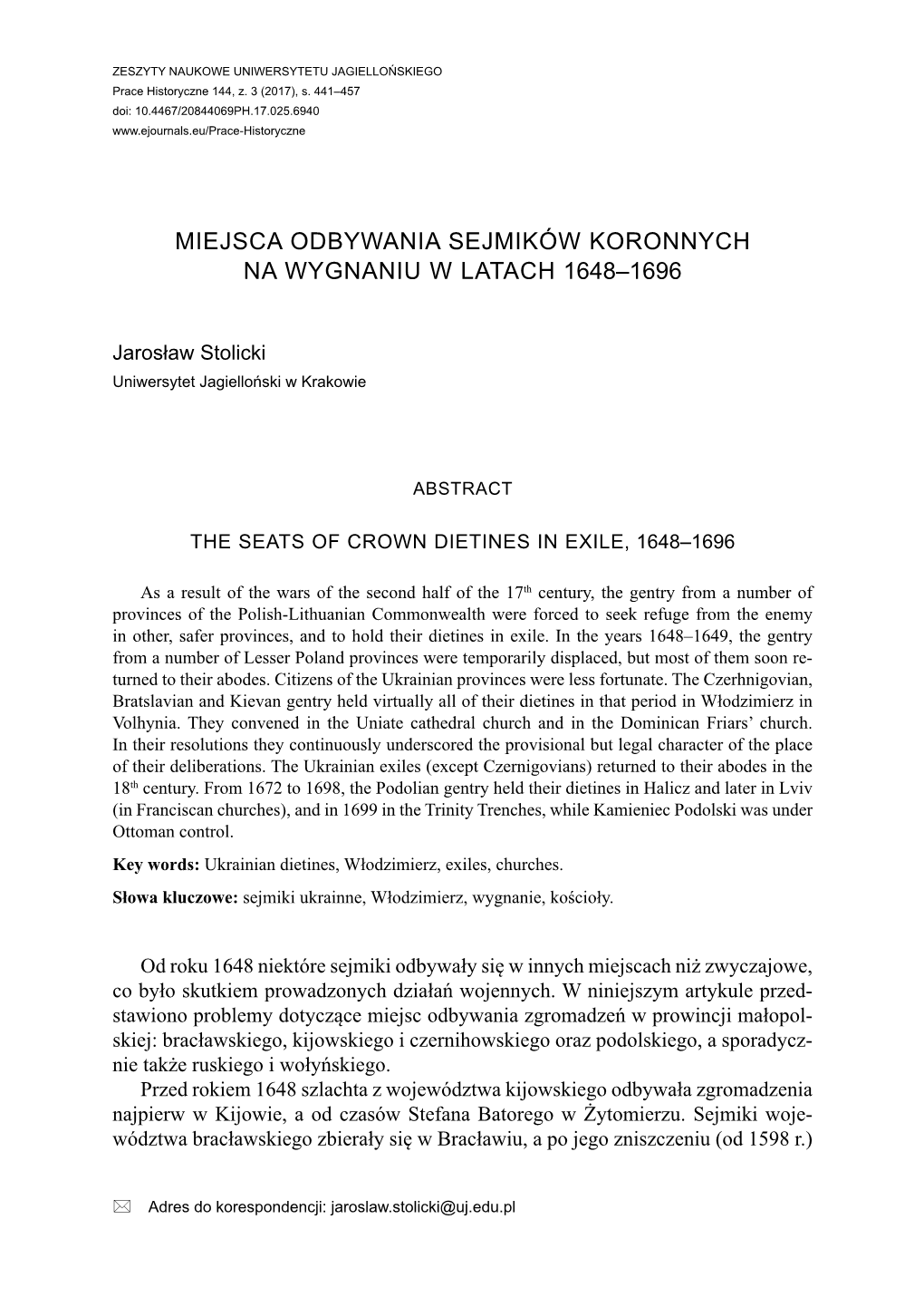 Miejsca Odbywania Sejmików Koronnych Na Wygnaniu W Latach 1648–1696