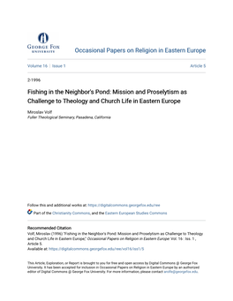 Mission and Proselytism As Challenge to Theology and Church Life in Eastern Europe