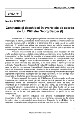 Constante Şi Deschideri În Cvartetele De Coarde Ale Lui Wilhelm Georg Berger (I)
