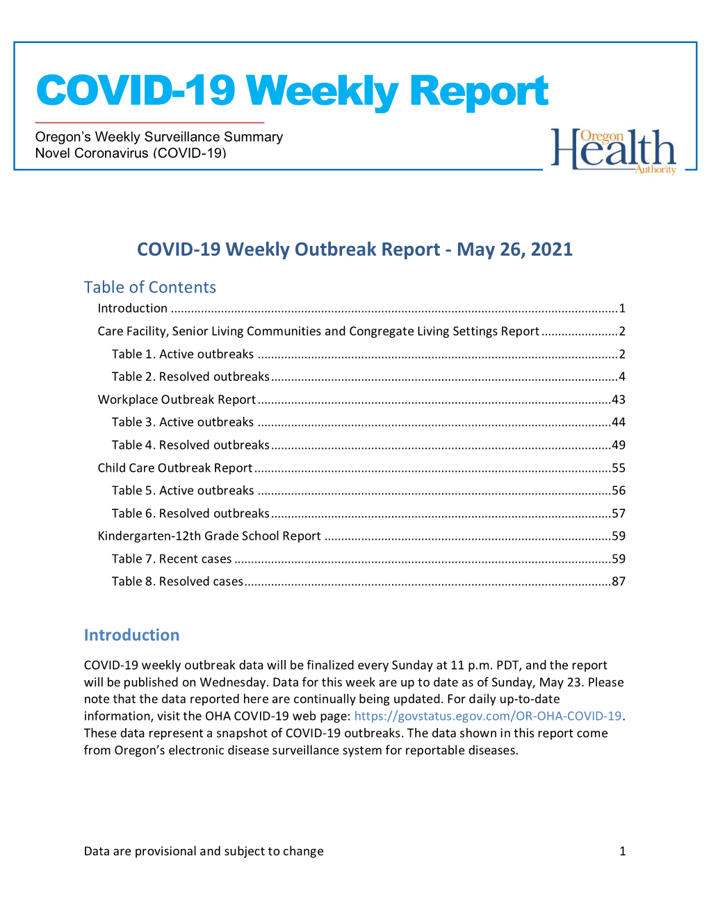 COVID-19 Weekly Outbreak Report - May 26, 2021 Table of Contents Introduction