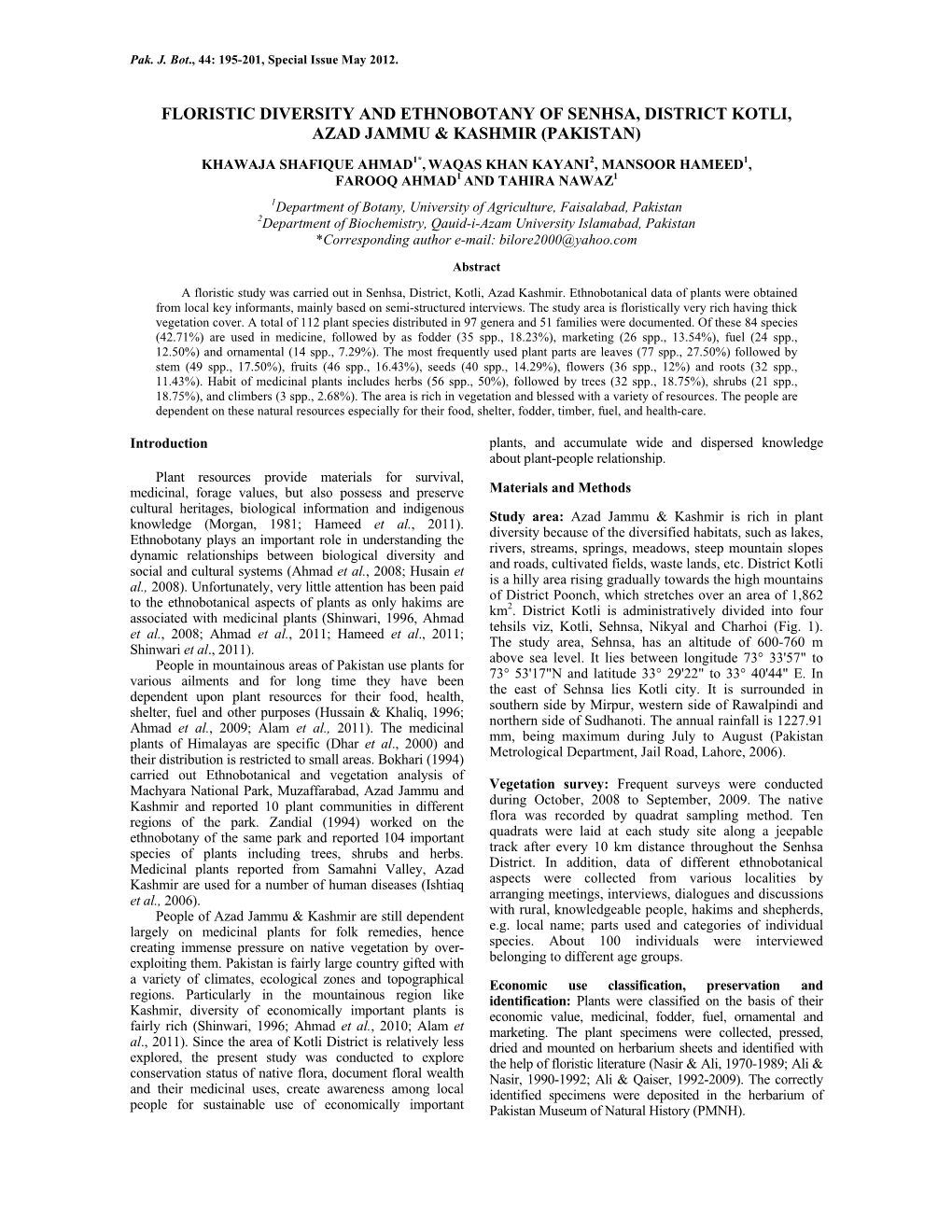 Floristic Diversity and Ethnobotany of Senhsa, District Kotli, Azad Jammu & Kashmir (Pakistan)