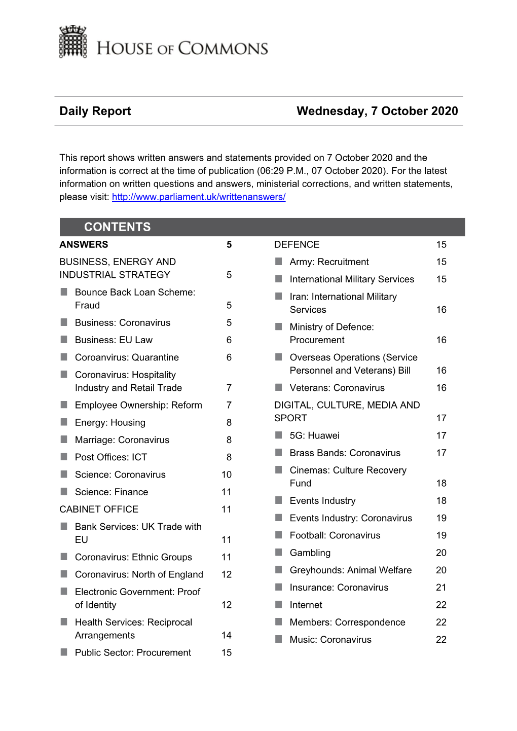 Daily Report Wednesday, 7 October 2020 CONTENTS