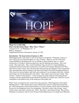 Hope for Leadership Part 2 in the Series Hope: Why? How? When? 1 Samuel 15:10 – 23; Philippians 2:6 – 11 Mako A