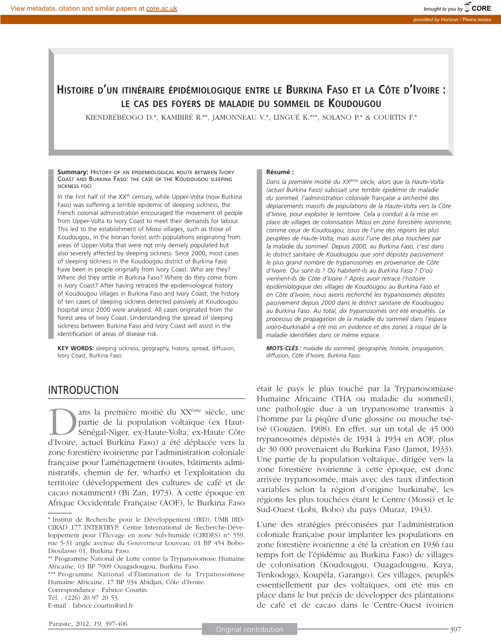 Histoire D'un Itinéraire Épidémiologique Entre Le Burkina Faso Et La Côte D'ivoire