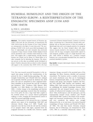 HUMERAL HOMOLOGY and the ORIGIN of the TETRAPOD ELBOW: a REINTERPRETATION of the ENIGMATIC SPECIMENS ANSP 21350 and GSM 104536 by PER E