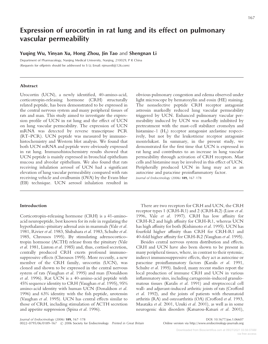 Expression of Urocortin in Rat Lung and Its Effect on Pulmonary Vascular Permeability