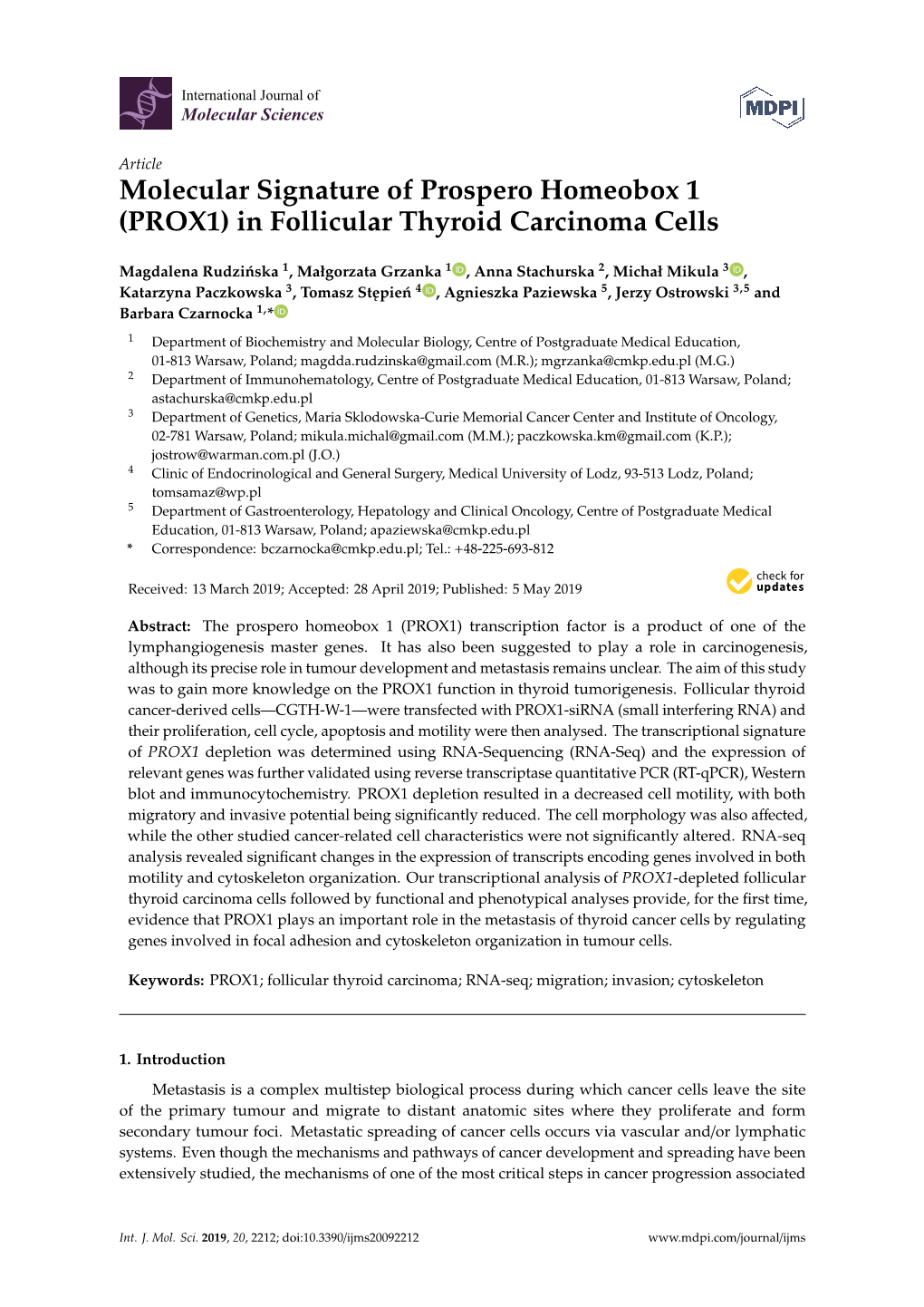 Molecular Signature of Prospero Homeobox 1 (PROX1) in Follicular Thyroid Carcinoma Cells