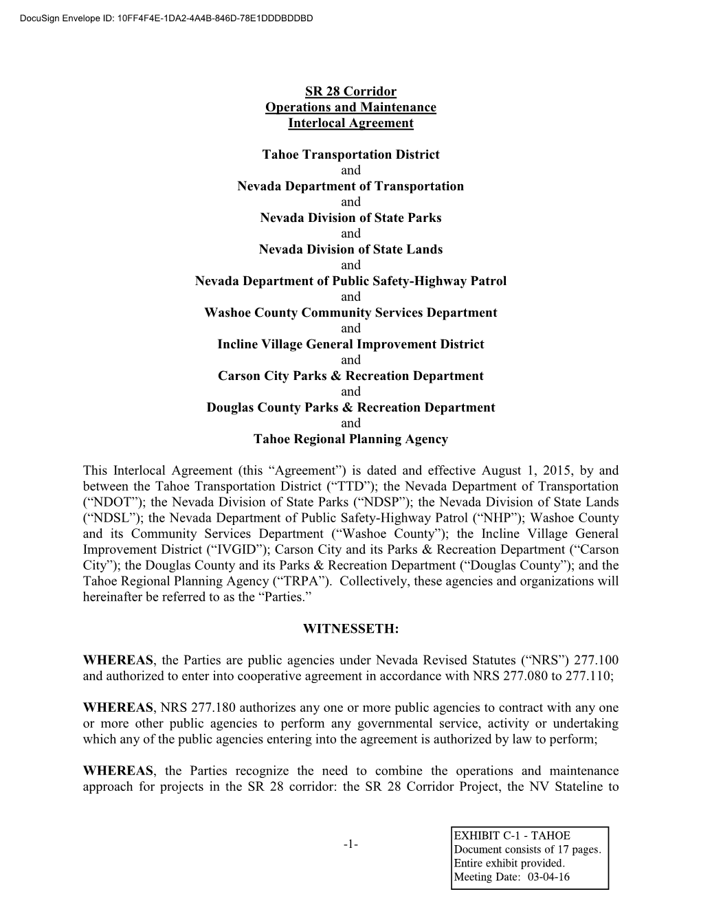 SR 28 Corridor Operations and Maintenance Interlocal Agreement