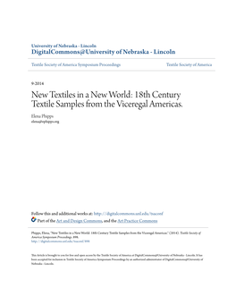 New Textiles in a New World: 18Th Century Textile Samples from the Viceregal Americas. Elena Phipps Elena@Ephipps.Org