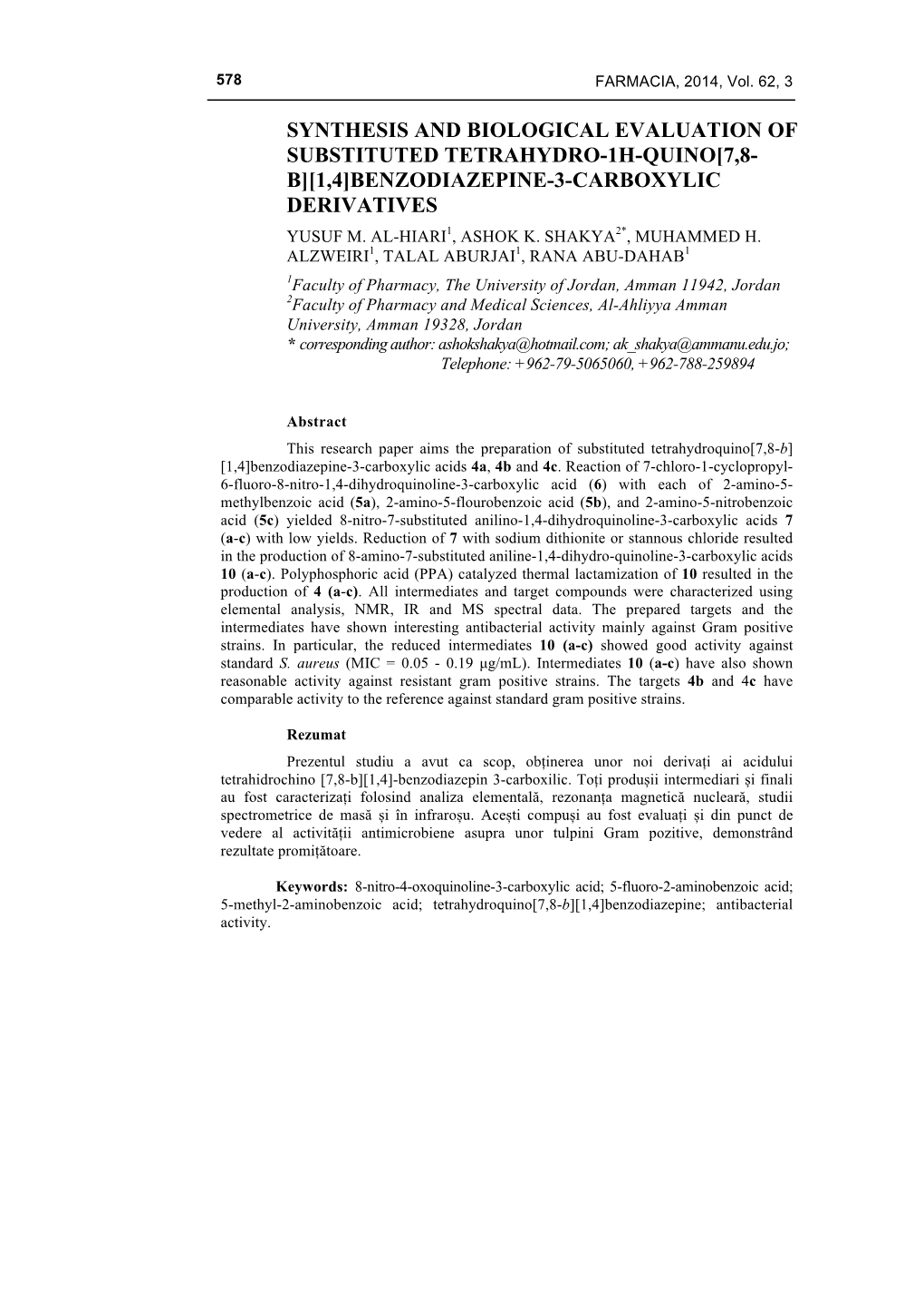 Synthesis and Biological Evaluation of Substituted Tetrahydro-1H-Quino[7,8- B][1,4]Benzodiazepine-3-Carboxylic Derivatives Yusuf M