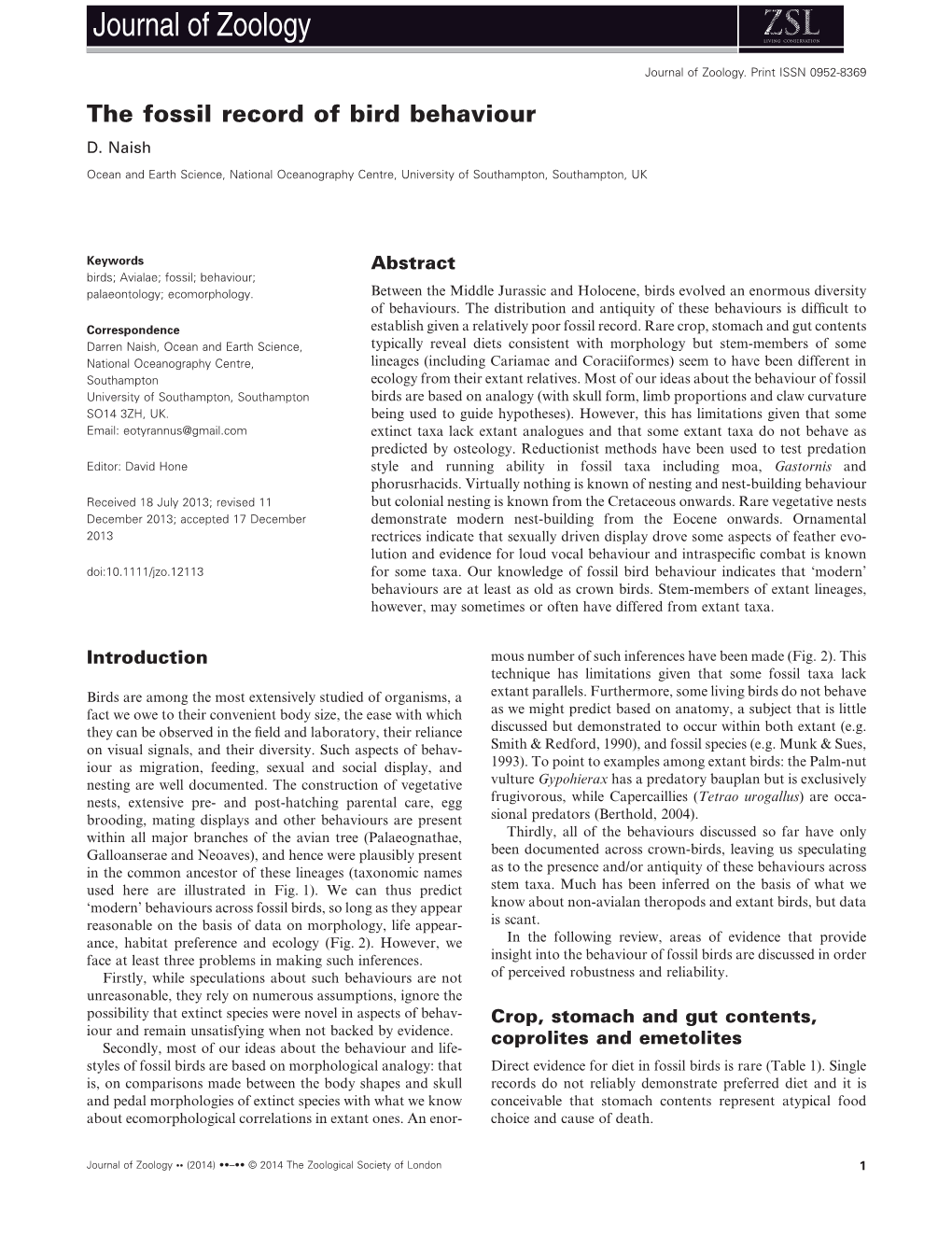 The Fossil Record of Bird Behaviour D