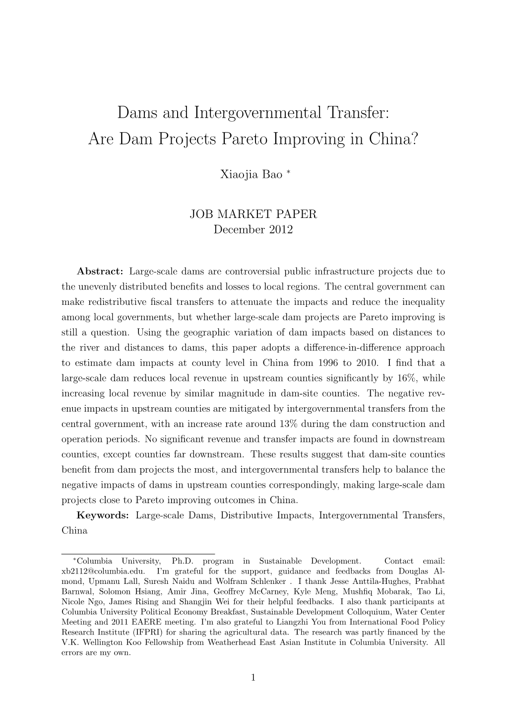 Dams and Intergovernmental Transfer: Are Dam Projects Pareto Improving in China?