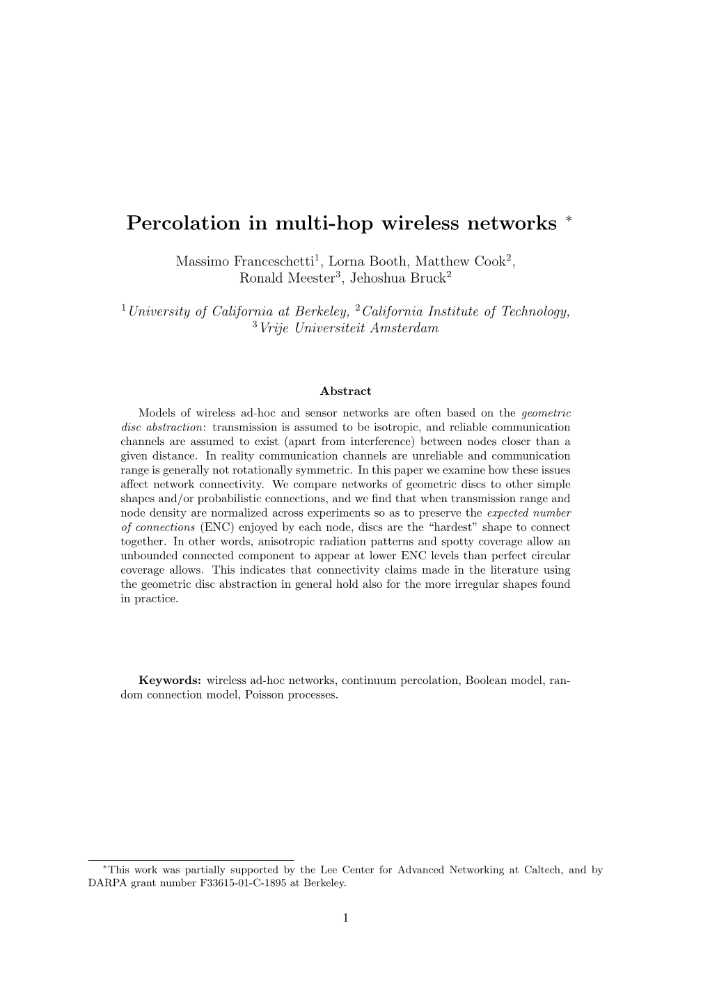 Percolation in Multi-Hop Wireless Networks ∗