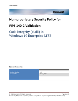 Security Policy for FIPS 140-2 Validation Code Integrity (Ci.Dll) in Windows 10 Enterprise LTSB