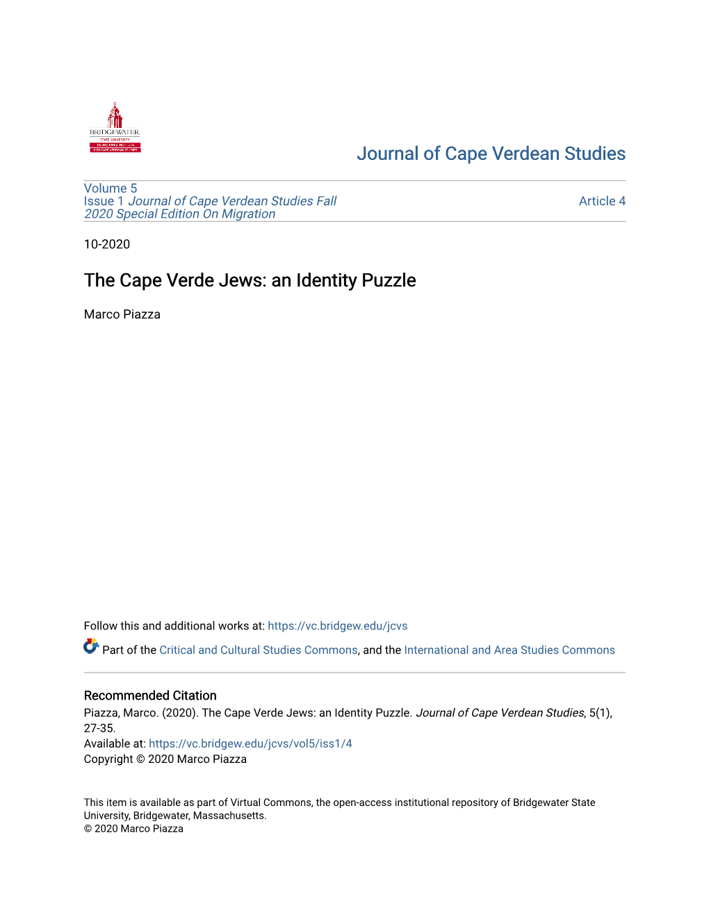 The Cape Verde Jews: an Identity Puzzle