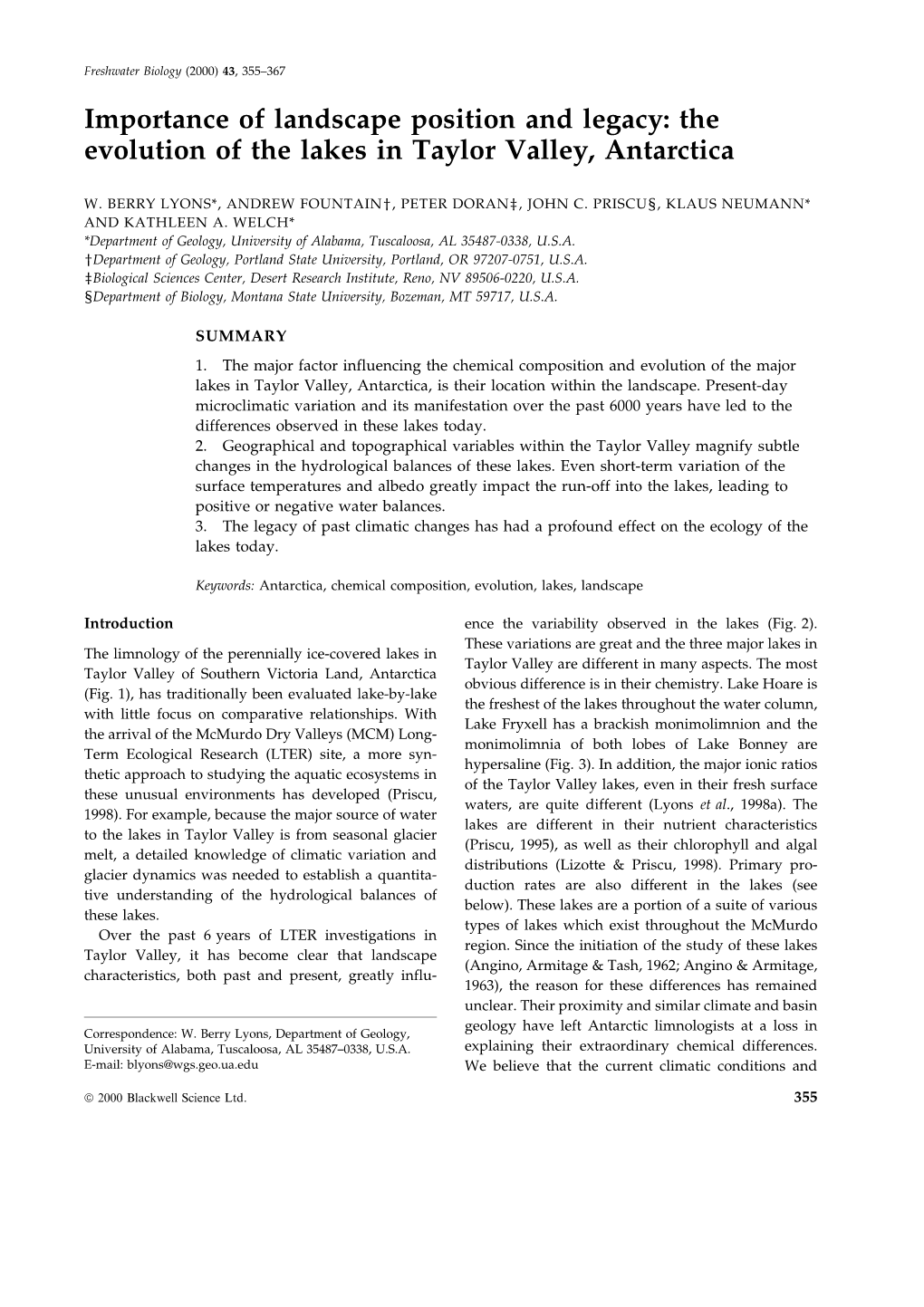 Importance of Landscape Position and Legacy: the Evolution of the Lakes in Taylor Valley, Antarctica