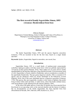 The First Record of Family Segestriidae Simon, 1893 (Araneae: Dysderoidea) from Iran