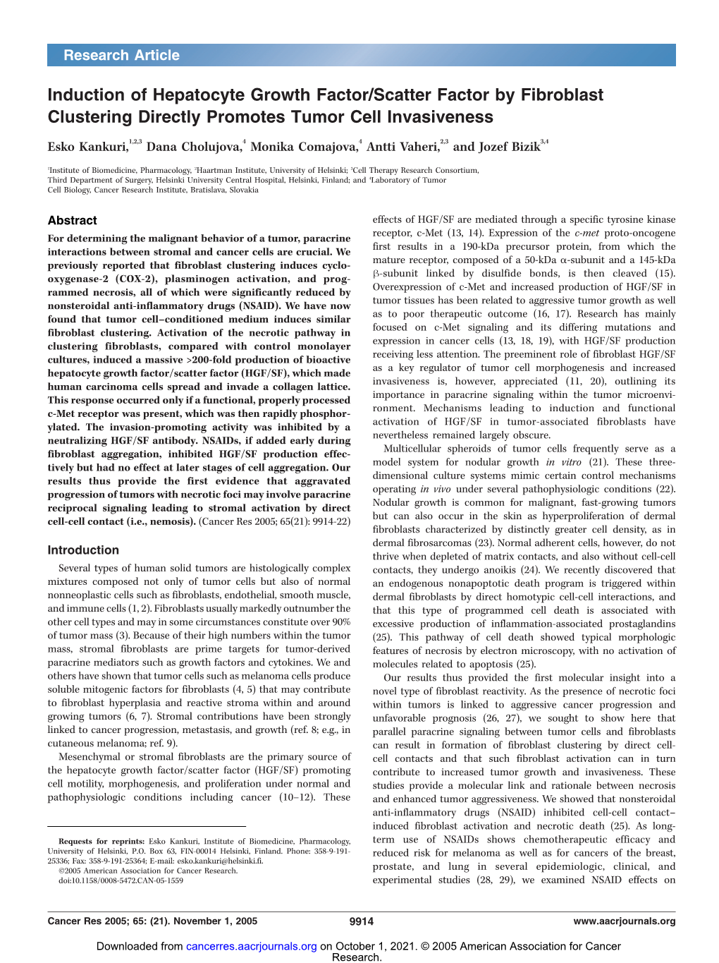 Induction of Hepatocyte Growth Factor/Scatter Factor by Fibroblast Clustering Directly Promotes Tumor Cell Invasiveness