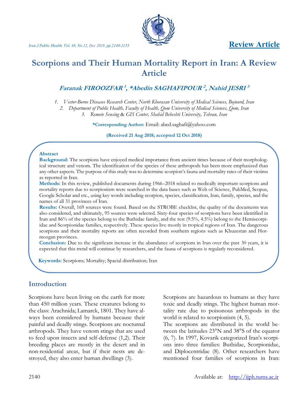 Scorpions and Their Human Mortality Report in Iran: a Review Article