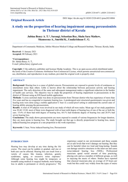 A Study on the Proportion of Hearing Impairment Among Percussionists in Thrissur District of Kerala