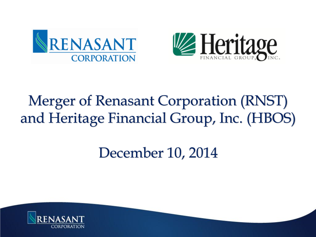 Merger of Renasant Corporation (RNST) and Heritage Financial Group, Inc