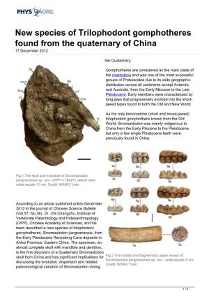 New Species of Trilophodont Gomphotheres Found from the Quaternary of China 17 December 2012