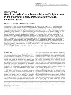 Genetic Analysis of an Ephemeral Intraspecific Hybrid Zone in the Hypervariable Tree, Metrosideros Polymorpha, on Hawai&Lsqu