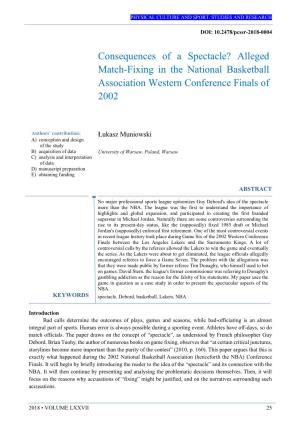 Consequences of a Spectacle? Alleged Match-Fixing in the National Basketball Association Western Conference Finals of 2002