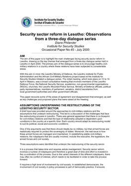 Security Sector Reform in Lesotho: Observations from a Three-Day Dialogue Series Diane Philander Institute for Security Studies Occasional Paper No 45 - July 2000