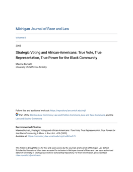 Strategic Voting and African-Americans: True Vote, True Representation, True Power for the Black Community