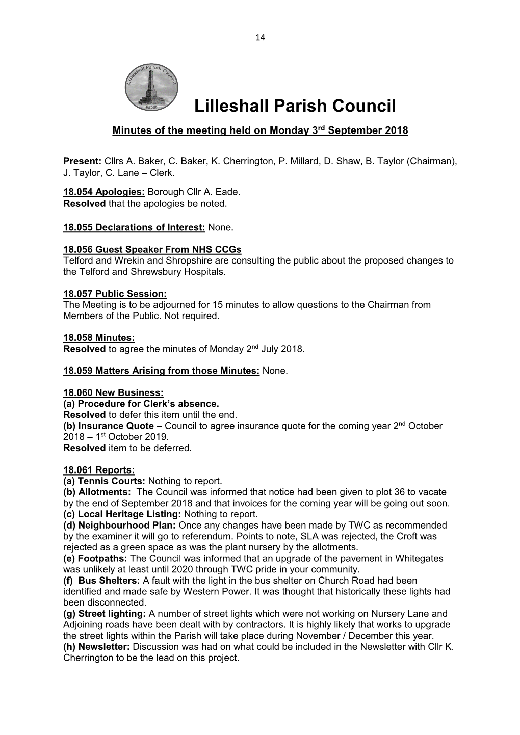 Lilleshall Parish Council Minutes of the Meeting Held on Monday 3Rd September 2018