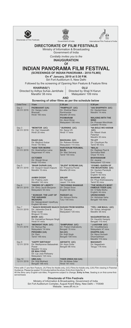 INDIAN PANORAMA FILM FESTIVAL (SCREENINGS of INDIAN PANORAMA - 2018 FILMS) on 4Th January, 2019 at 5:30 P.M