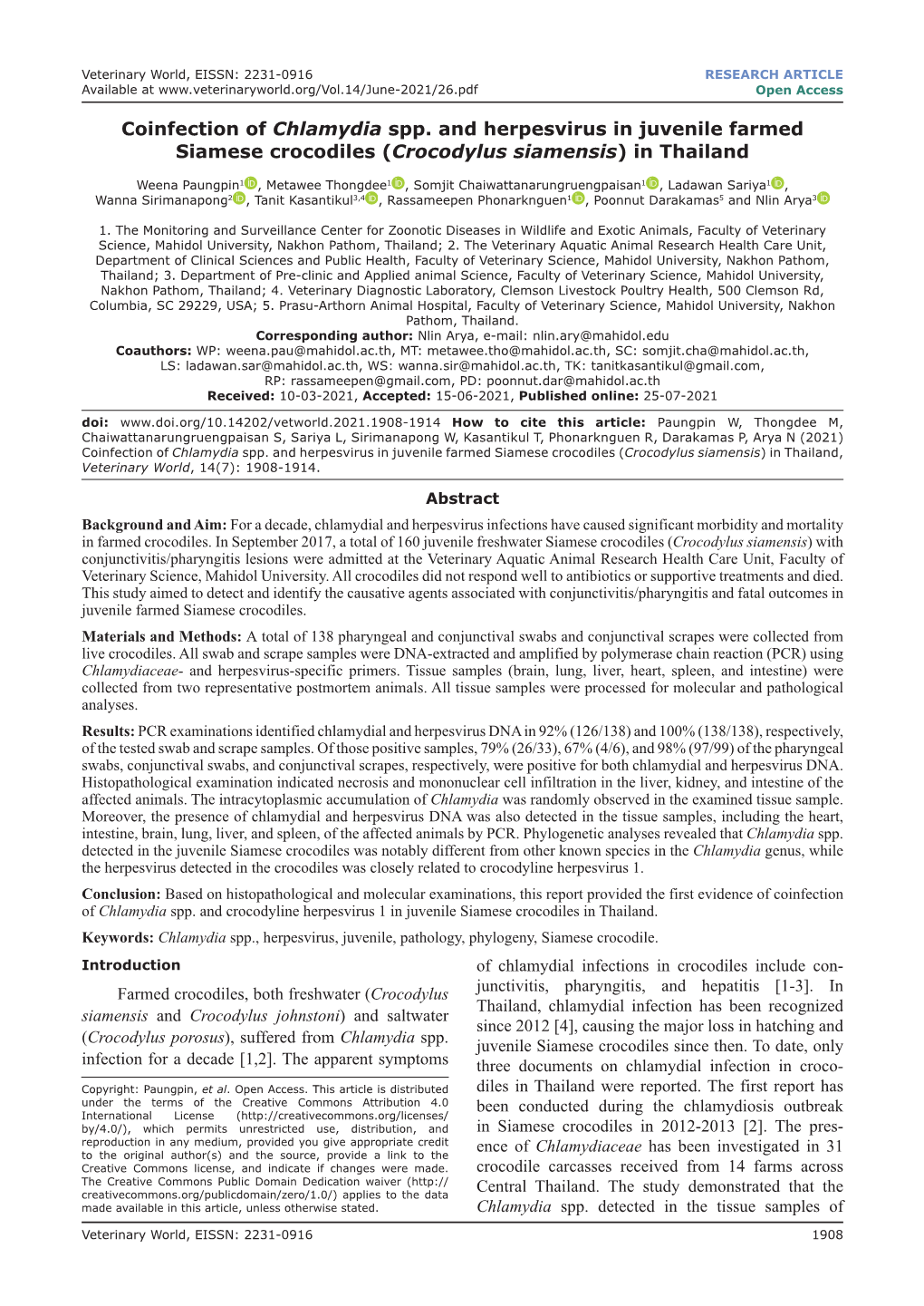 Coinfection of Chlamydia Spp. and Herpesvirus in Juvenile Farmed Siamese Crocodiles (Crocodylus Siamensis) in Thailand