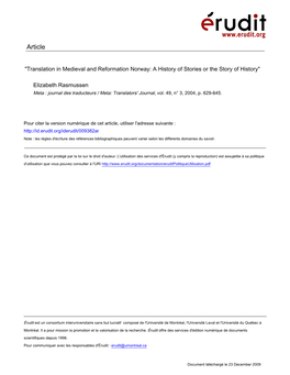 Translation in Medieval and Reformation Norway: a History of Stories Or the Story of History"