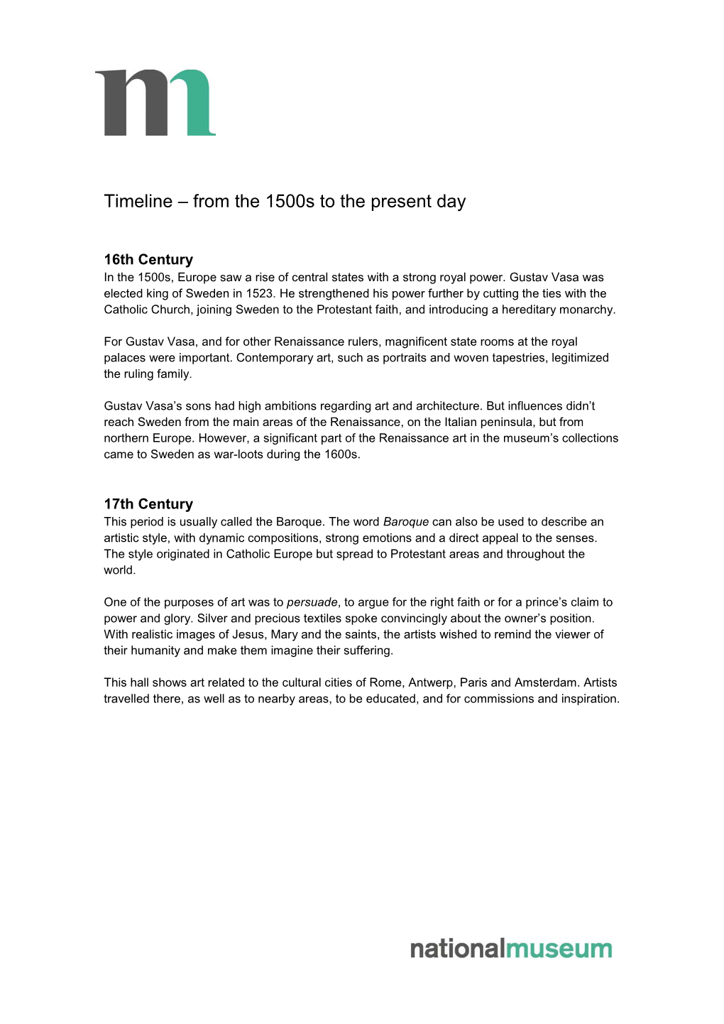 Timeline – from the 1500S to the Present Day