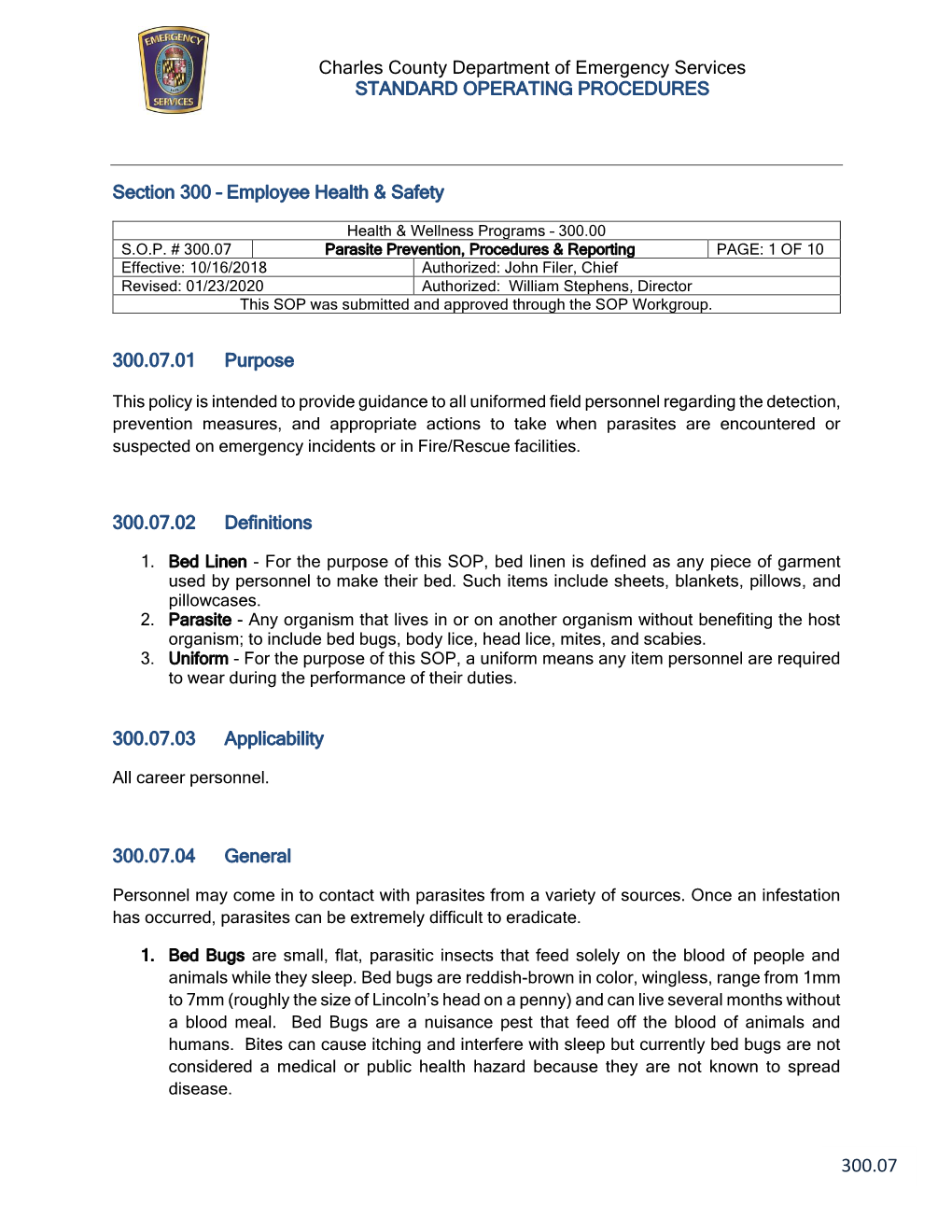 Charles County Department of Emergency Services STANDARD OPERATING PROCEDURES