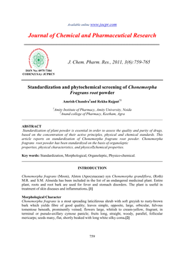Standardization and Phytochemical Screening of Chonemorpha Fragrans Root Powder
