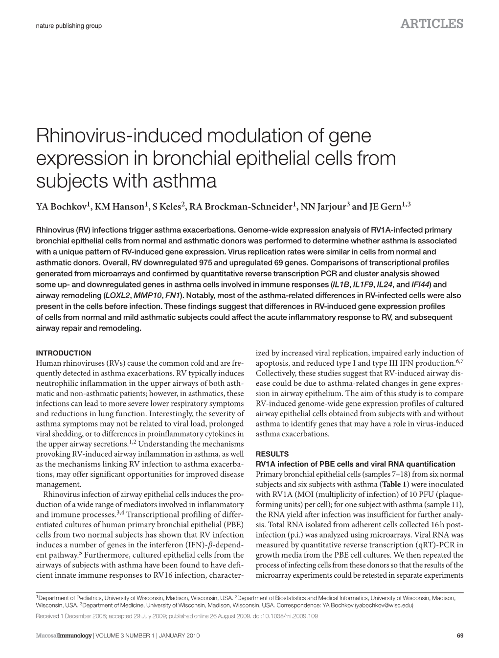 Rhinovirus-Induced Modulation of Gene Expression in Bronchial Epithelial Cells from Subjects with Asthma