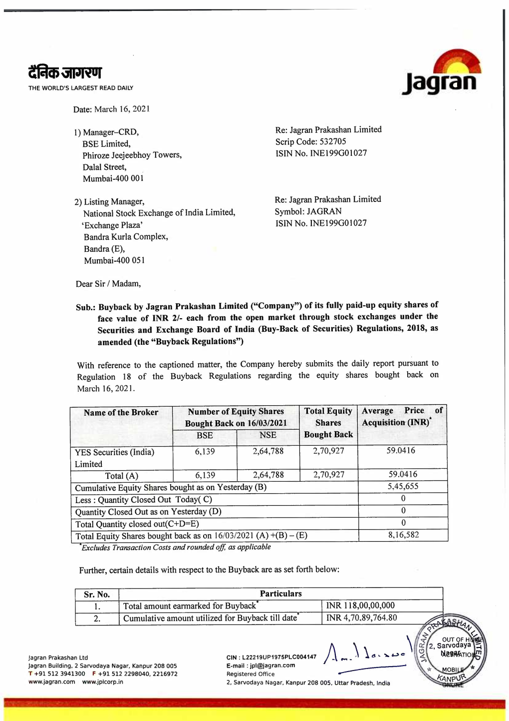 Day 6-Daily Reporting on Buyback-16.03.2021