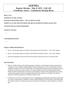 AGENDA Regular Meeting – May 8, 2019 – 9:00 AM Courthouse Annex – Commission Meeting Room