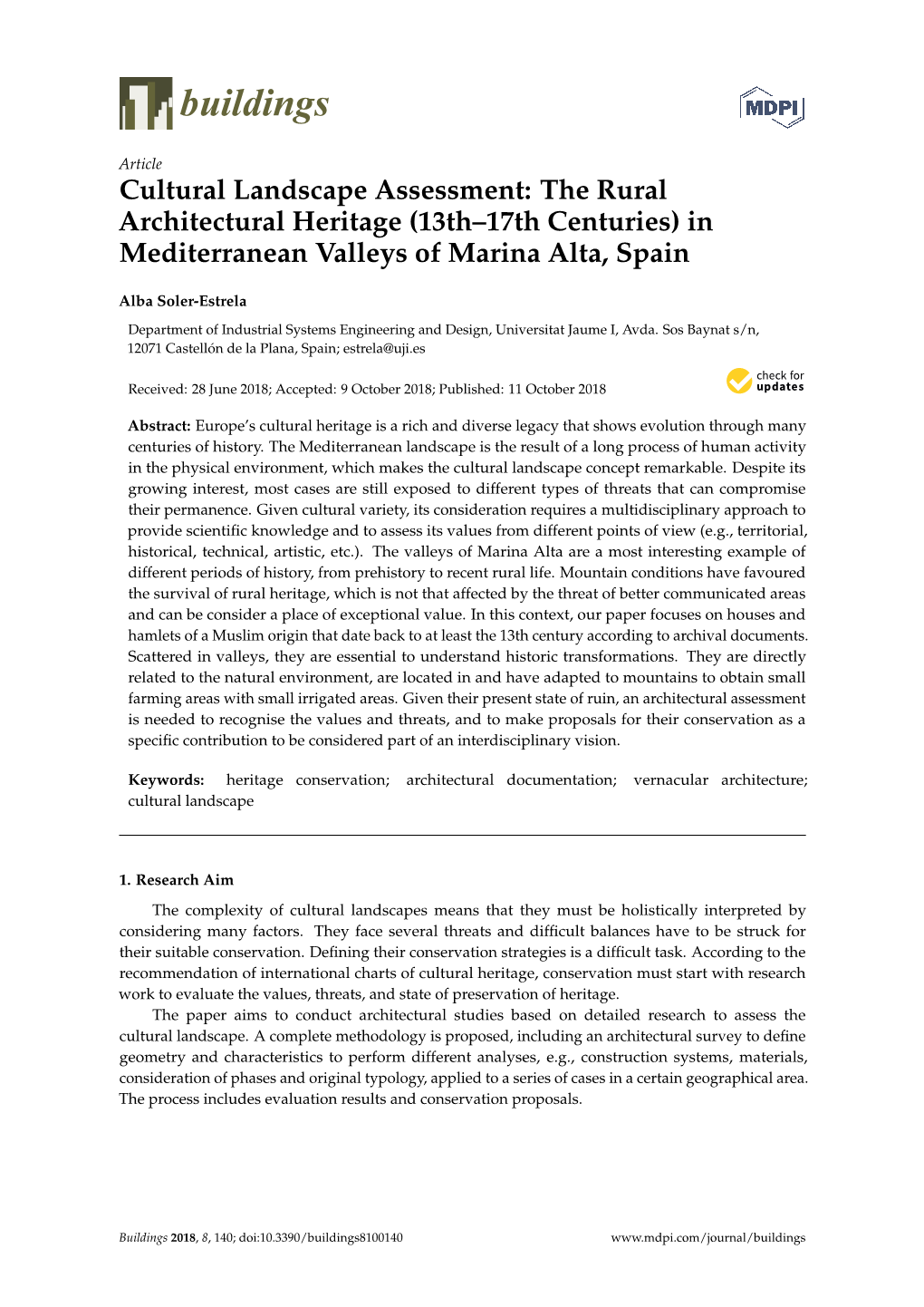 Cultural Landscape Assessment: the Rural Architectural Heritage (13Th–17Th Centuries) in Mediterranean Valleys of Marina Alta, Spain