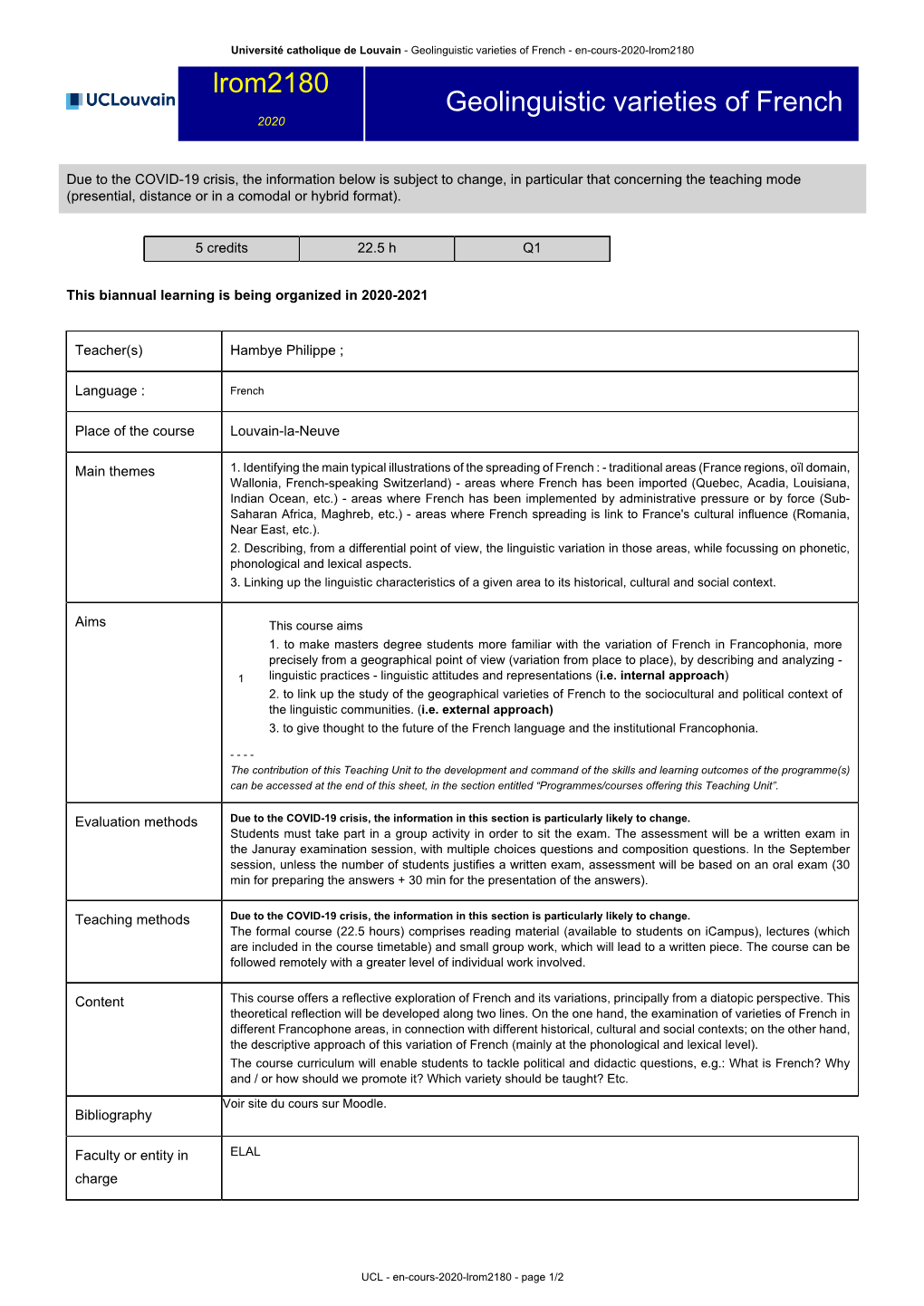 Geolinguistic Varieties of French - En-Cours-2020-Lrom2180 Lrom2180 Geolinguistic Varieties of French 2020