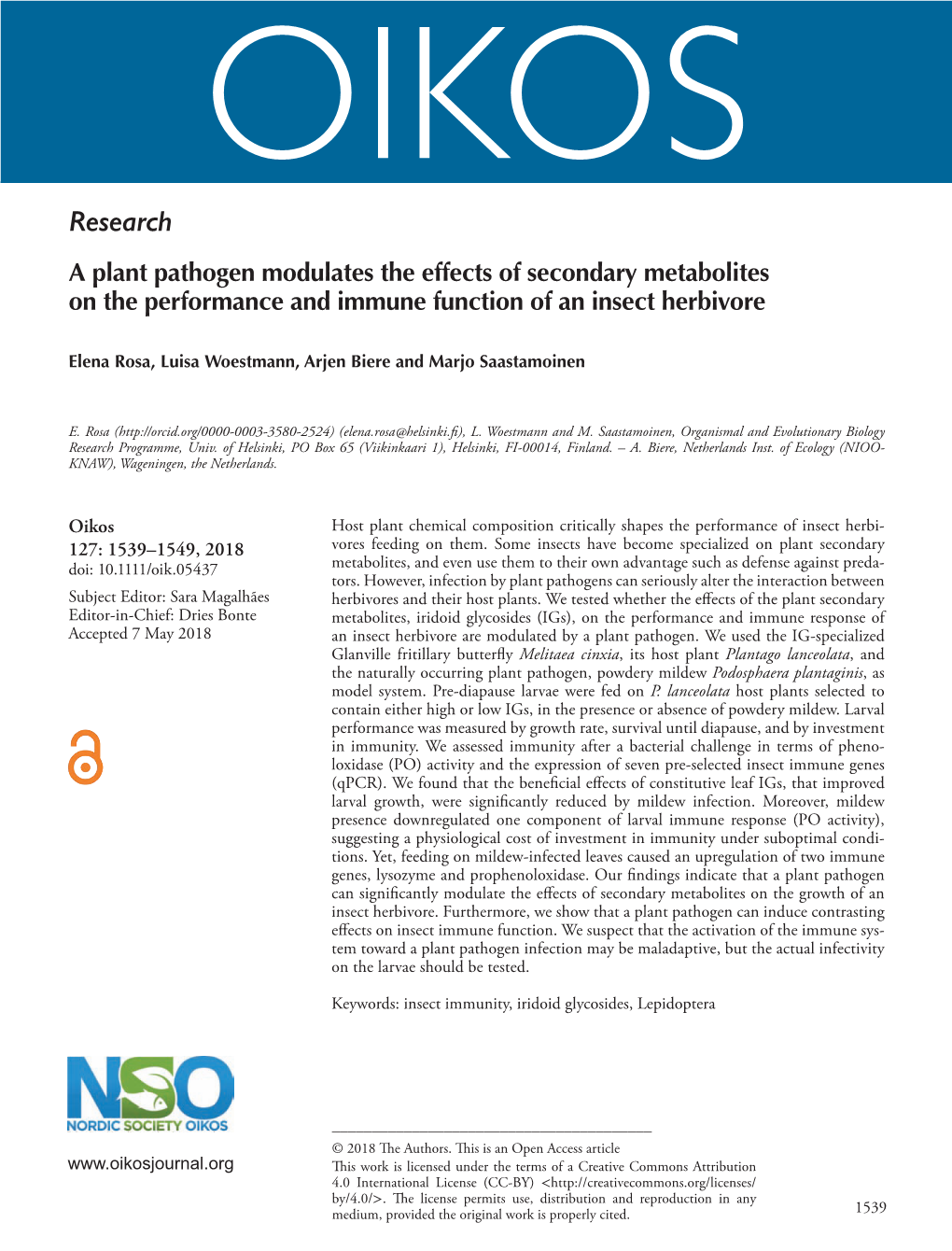 A Plant Pathogen Modulates the Effects of Secondary Metabolites on the Performance and Immune Function of an Insect Herbivore