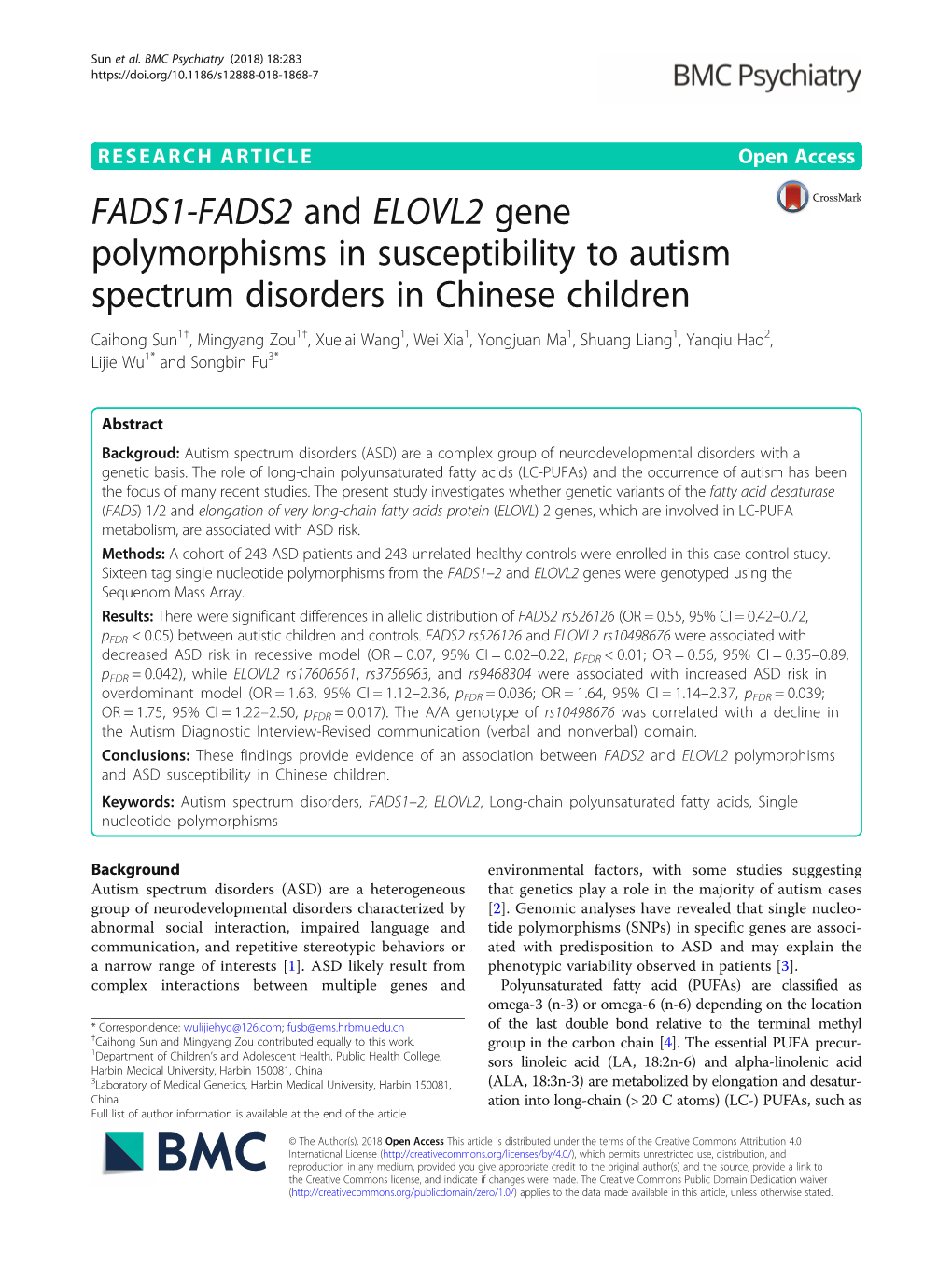 FADS1-FADS2 and ELOVL2 Gene Polymorphisms in Susceptibility To