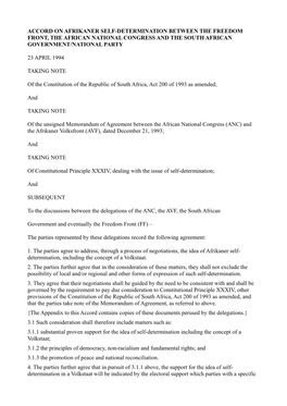 Accord on Afrikaner Self-Determination Between the Freedom Front, the African National Congress and the South African Government/National Party