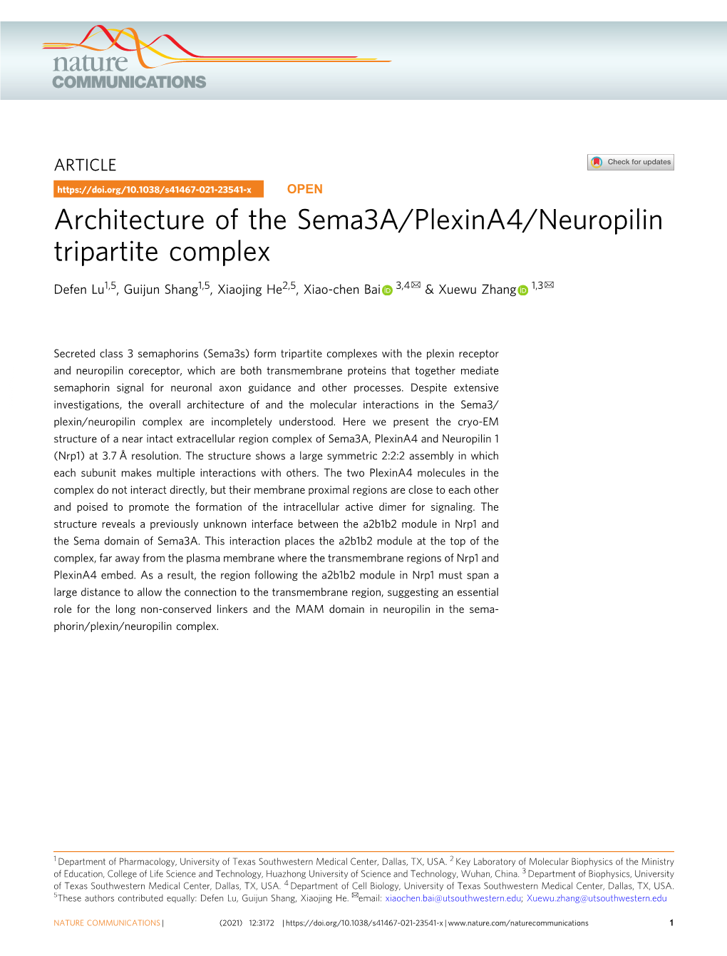 Architecture of the Sema3a/Plexina4/Neuropilin Tripartite Complex ✉ ✉ Defen Lu1,5, Guijun Shang1,5, Xiaojing He2,5, Xiao-Chen Bai 3,4 & Xuewu Zhang 1,3