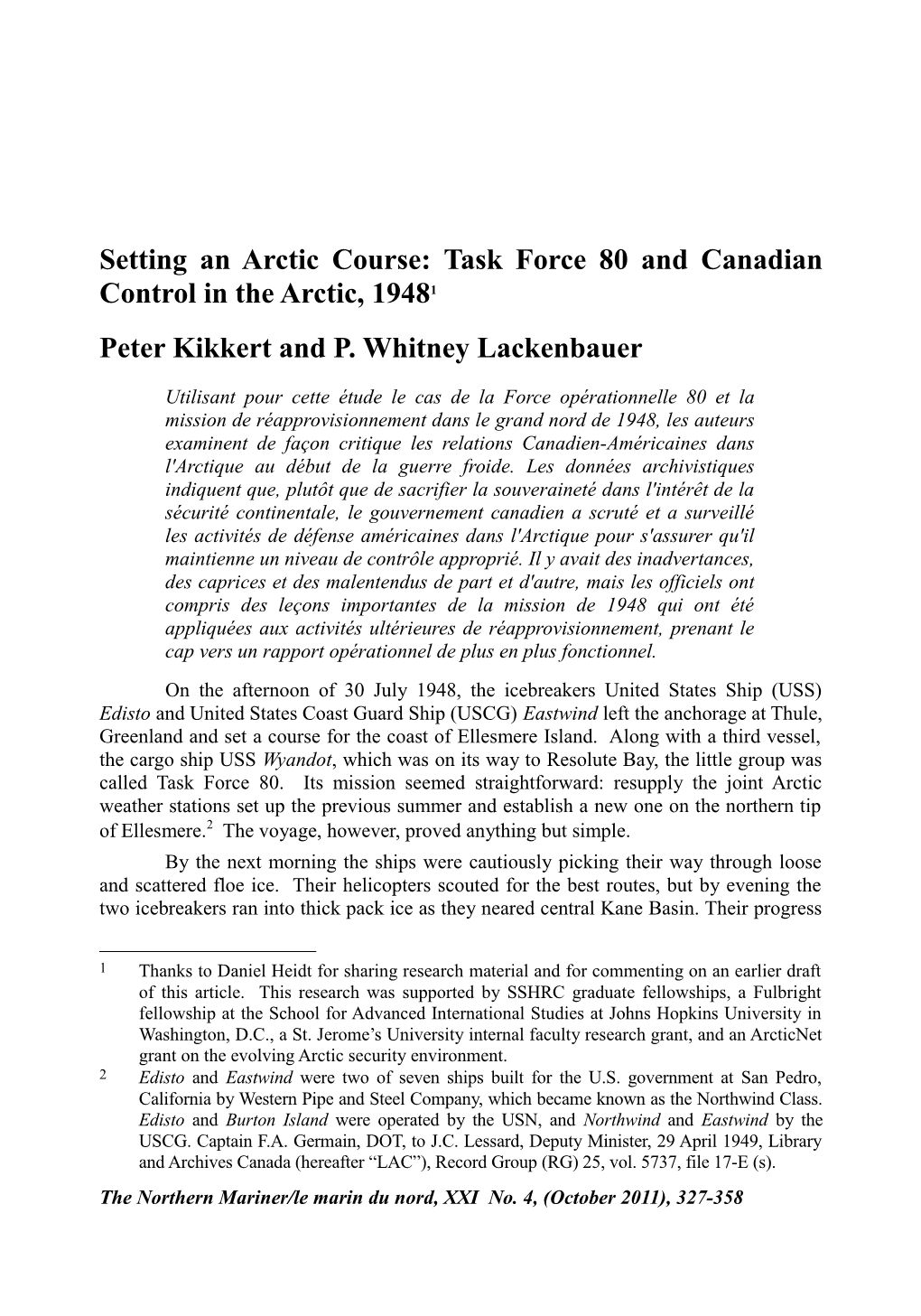 Setting an Arctic Course: Task Force 80 and Canadian Control in the Arctic, 19481 Peter Kikkert and P