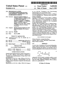 United States Patent 19 11 Patent Number: 5,439,930 Seredenin Et Al